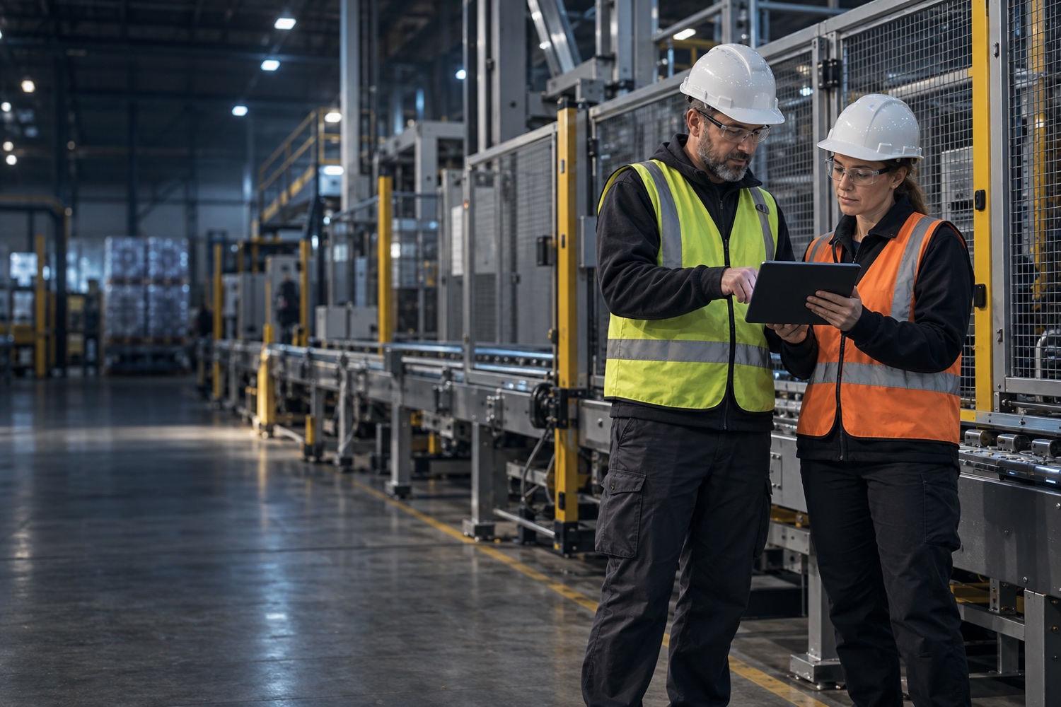 A safety leader and maintenance professional review a tablet beside a stationary, guarded conveyor line.