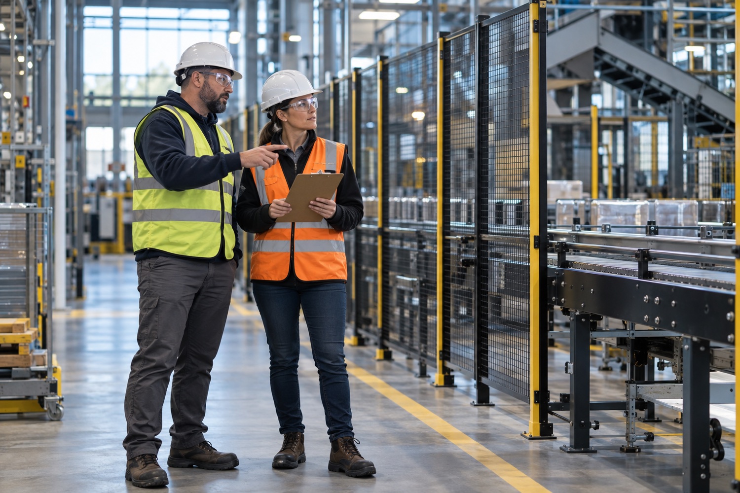 Two workplace leaders review a guarded conveyor from a safe distance during a site-owned review.