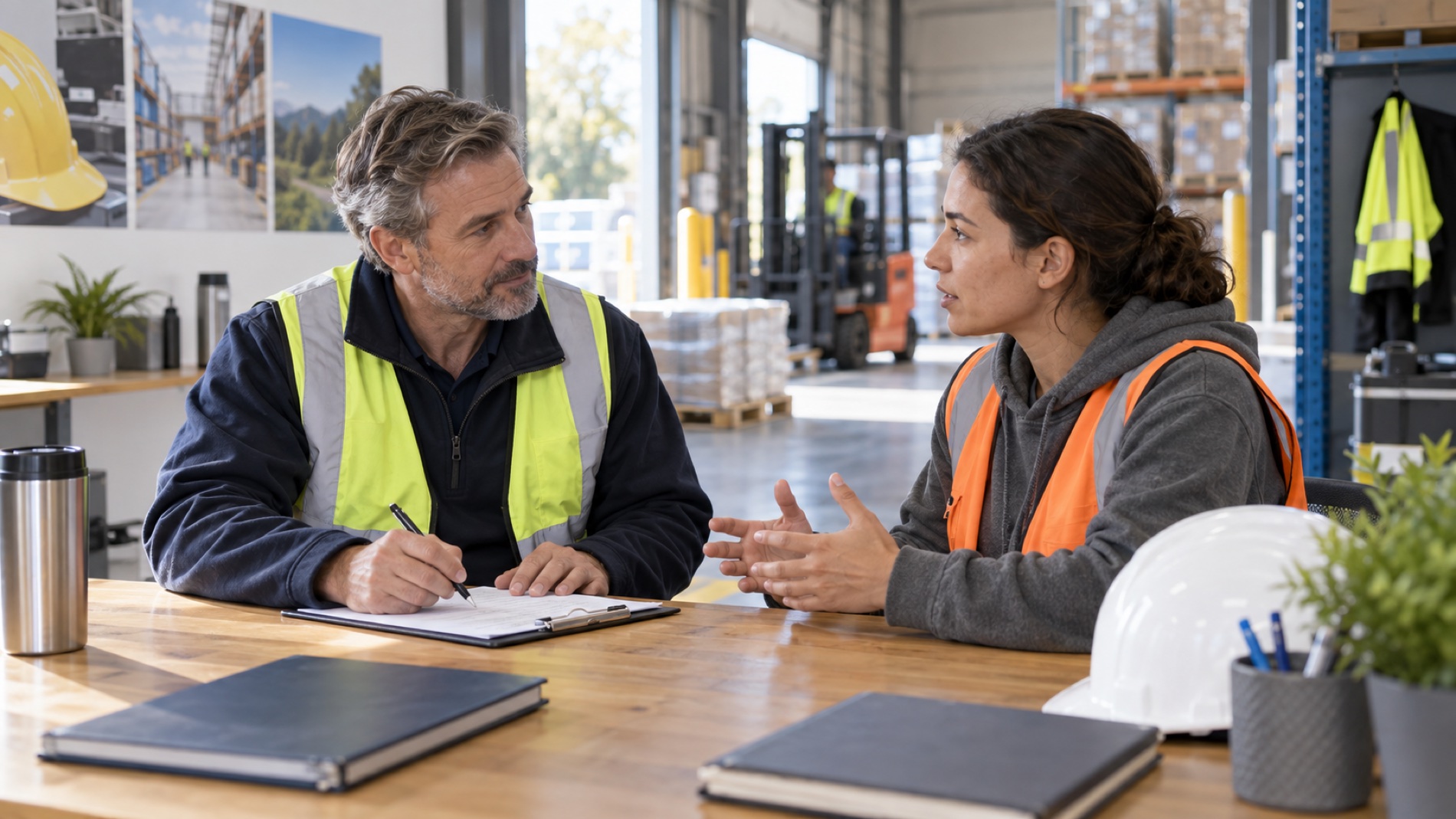 A frontline supervisor and employee discuss a learning review together at a table beside an active distribution floor.