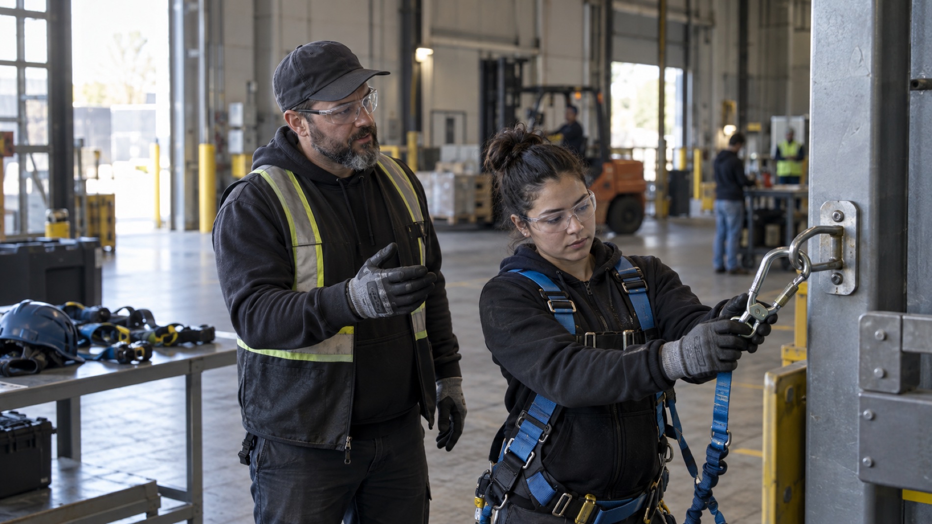 A workplace safety instructor coaching an employee through a hands-on equipment skill check in a controlled training bay.