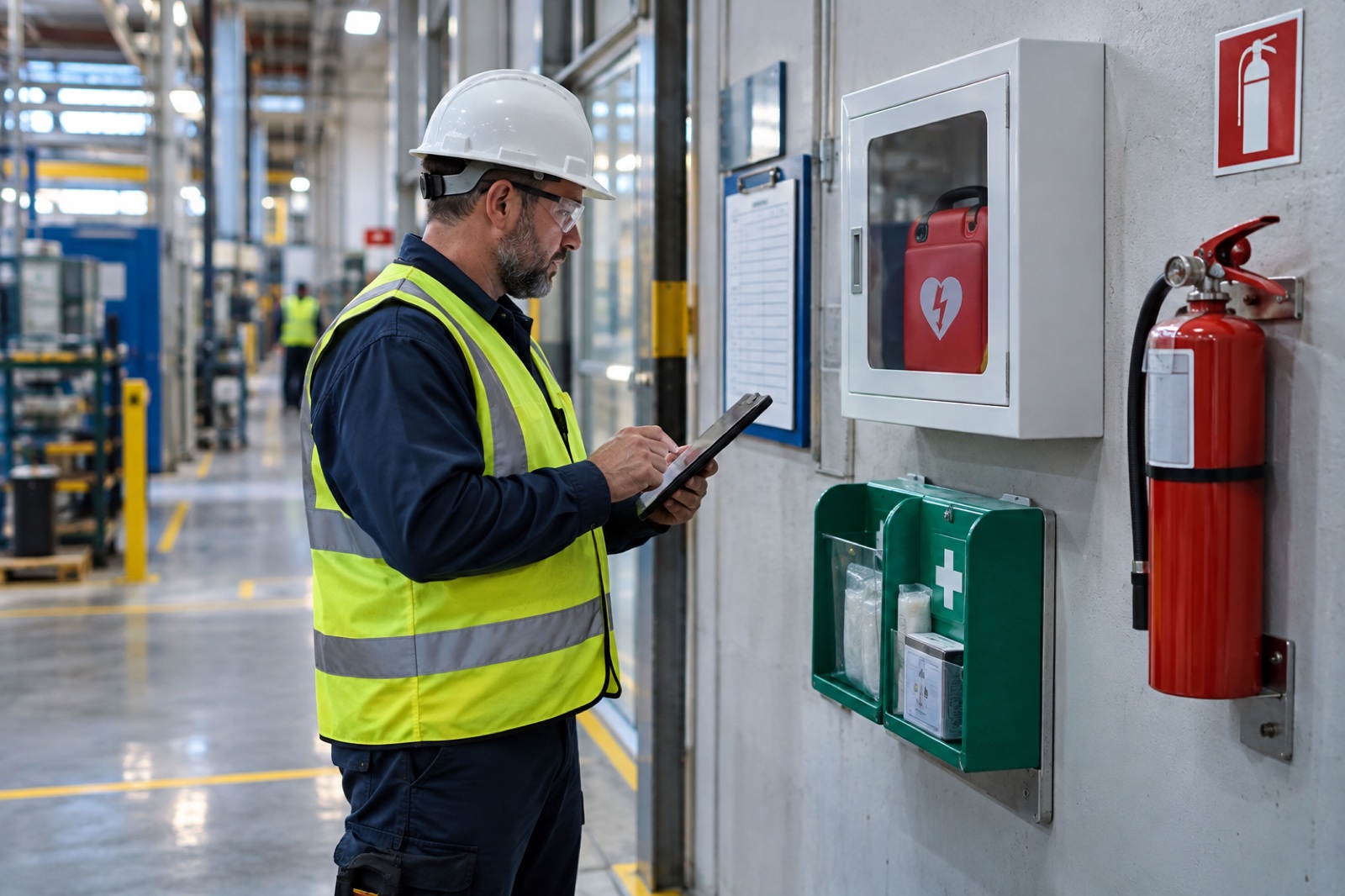 A safety professional checks emergency equipment in a manufacturing facility.