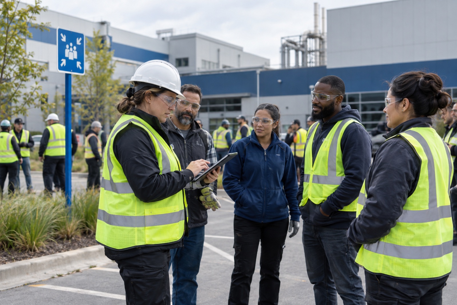 A safety coordinator checks in employees at an outdoor assembly point during an evacuation drill.