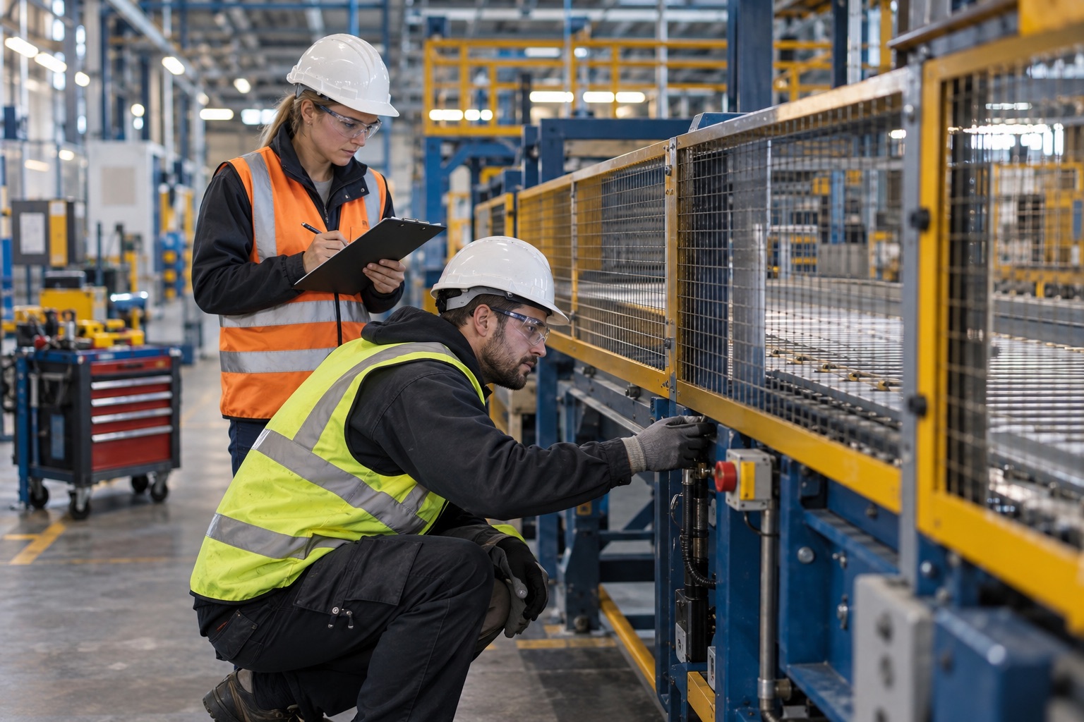 A maintenance technician and supervisor visually review a stationary conveyor guard on a manufacturing floor.