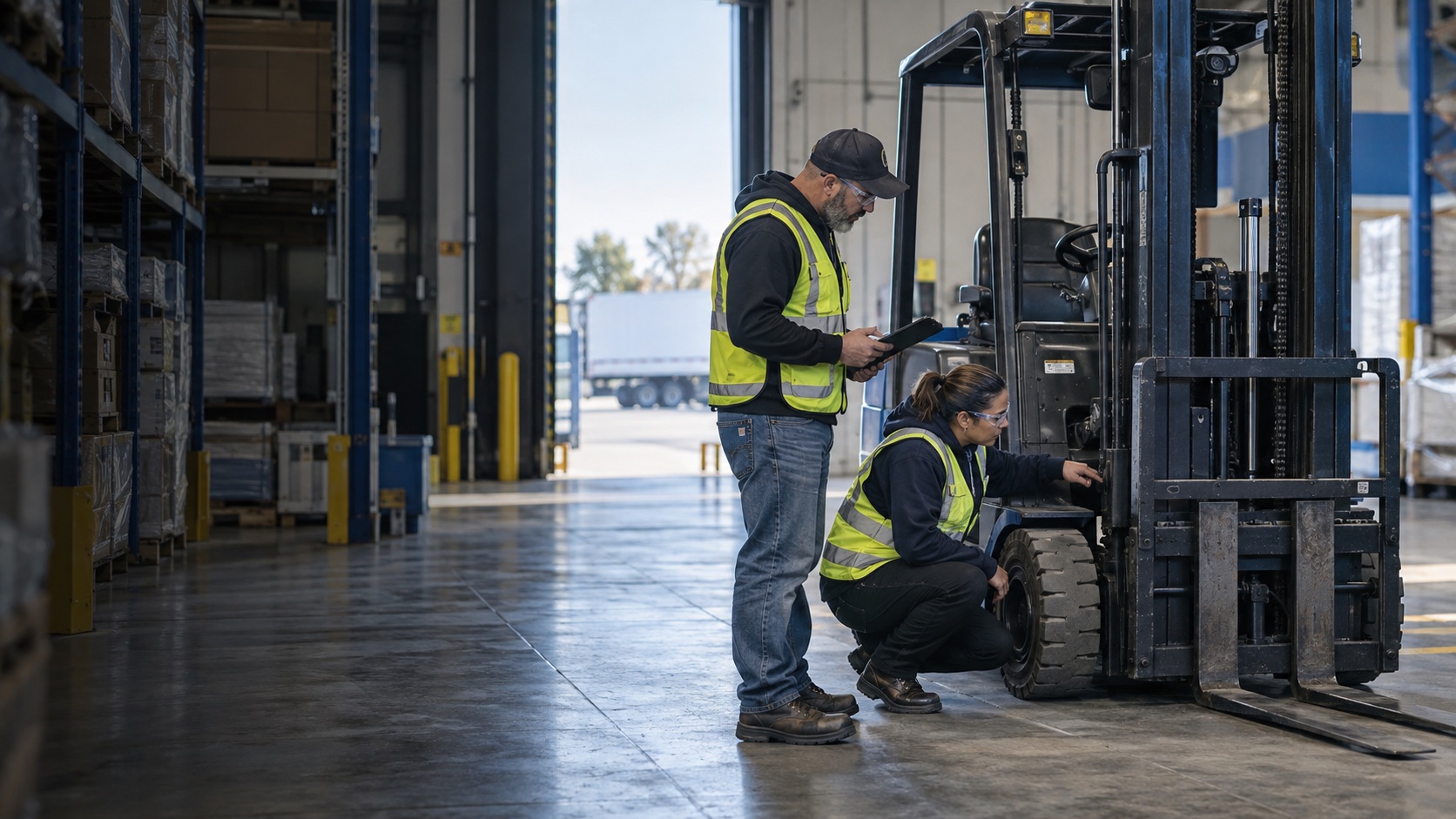 A site equipment lead and forklift operator review a parked, powered-down forklift in a distribution warehouse.