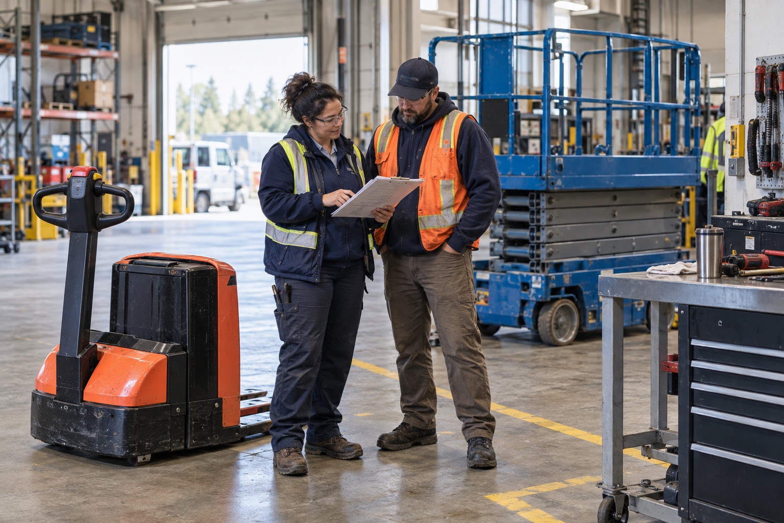 A maintenance planner and technician review a local equipment follow-up beside parked material-handling equipment.
