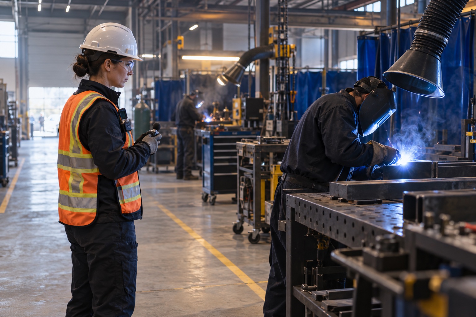 An industrial hygienist observes a welder from a safe distance while the worker uses local extraction.