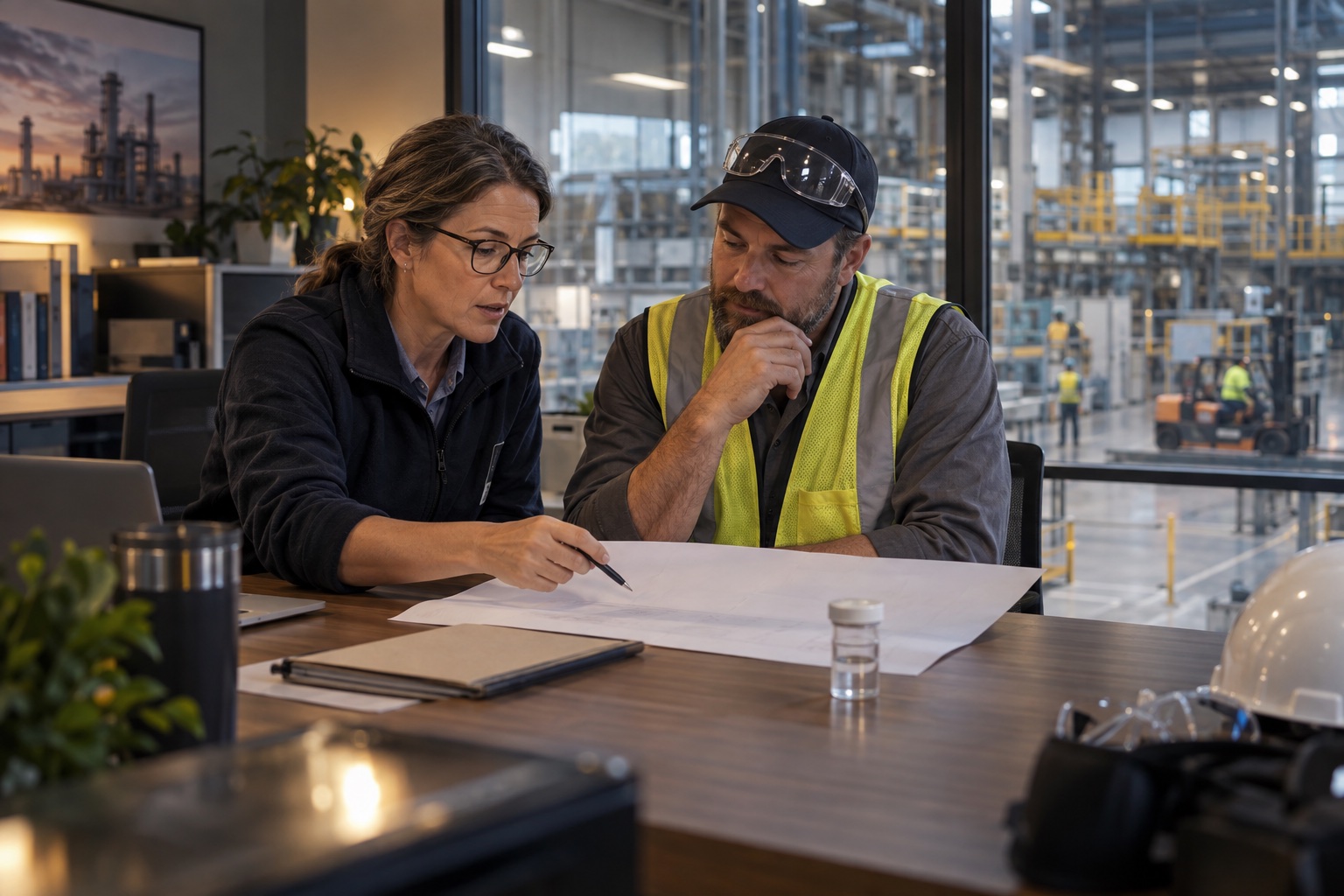 An industrial hygienist and operations supervisor review a monitoring plan beside a manufacturing floor.