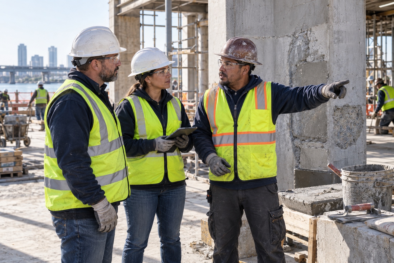 A safety supervisor and two construction workers discuss task steps before work begins.