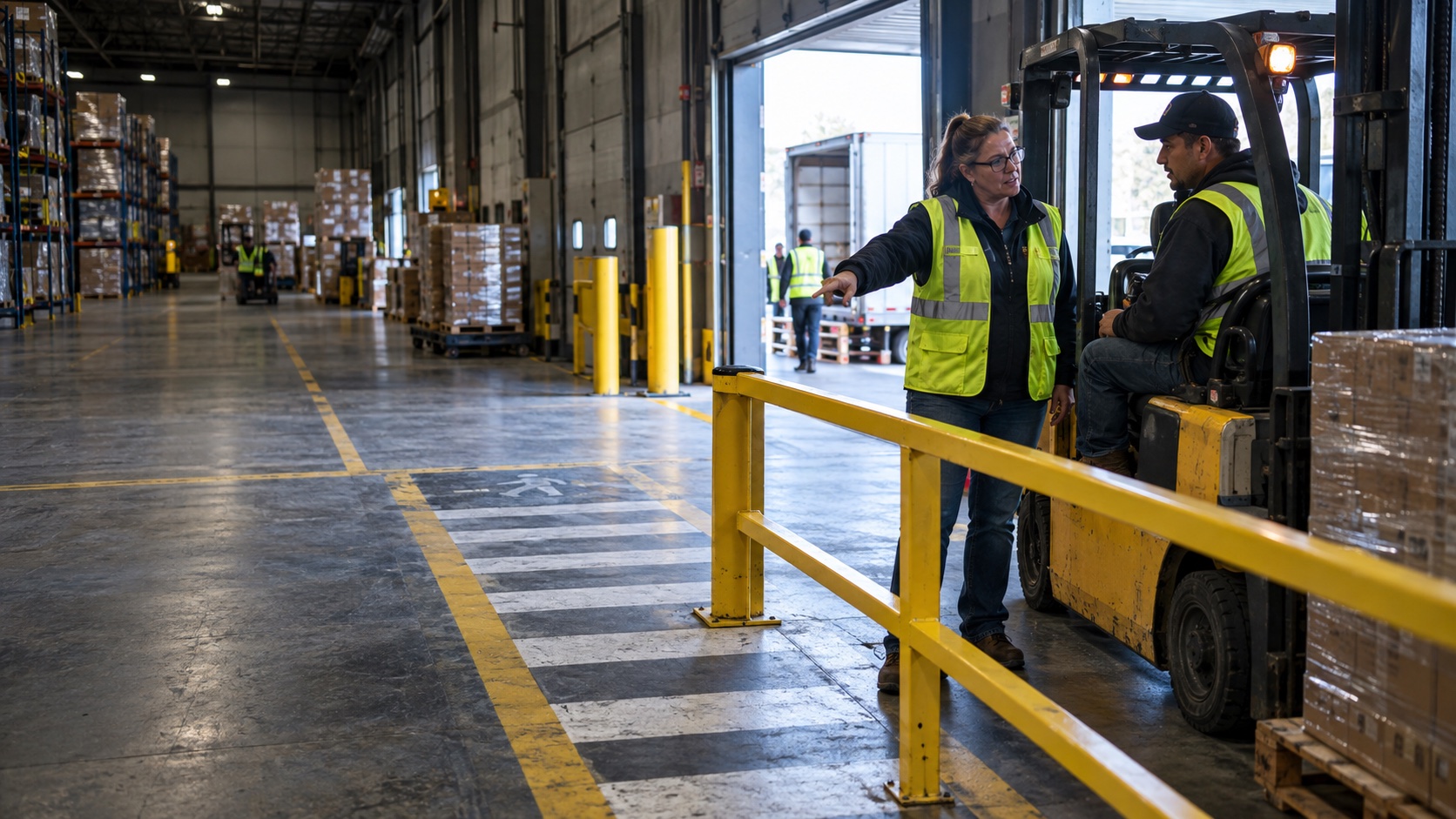 A safety leader and forklift operator review a pedestrian control beside a warehouse crossing.