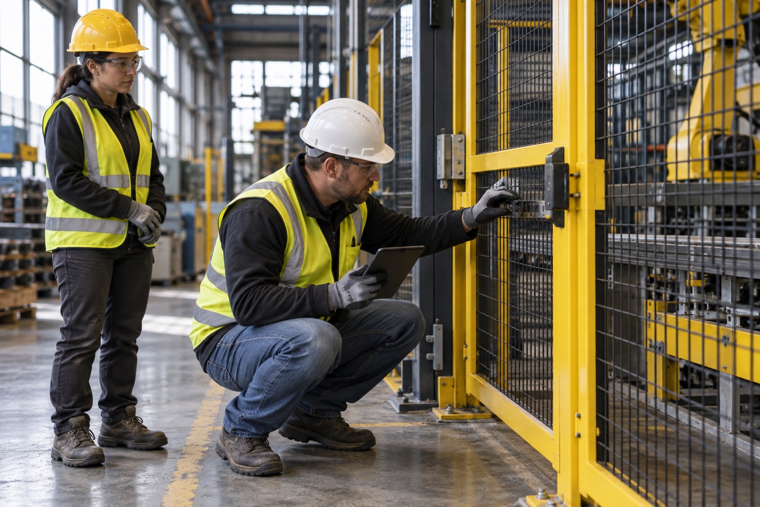 A safety professional checks an installed machine guard and gate with a worker observing.