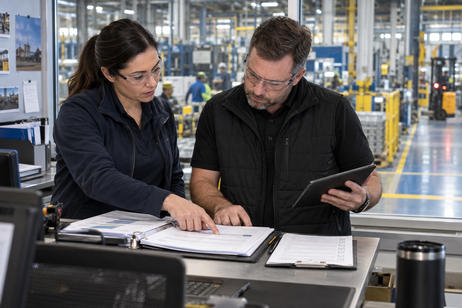 An EHS specialist and operations manager review a written safety program and supporting records.