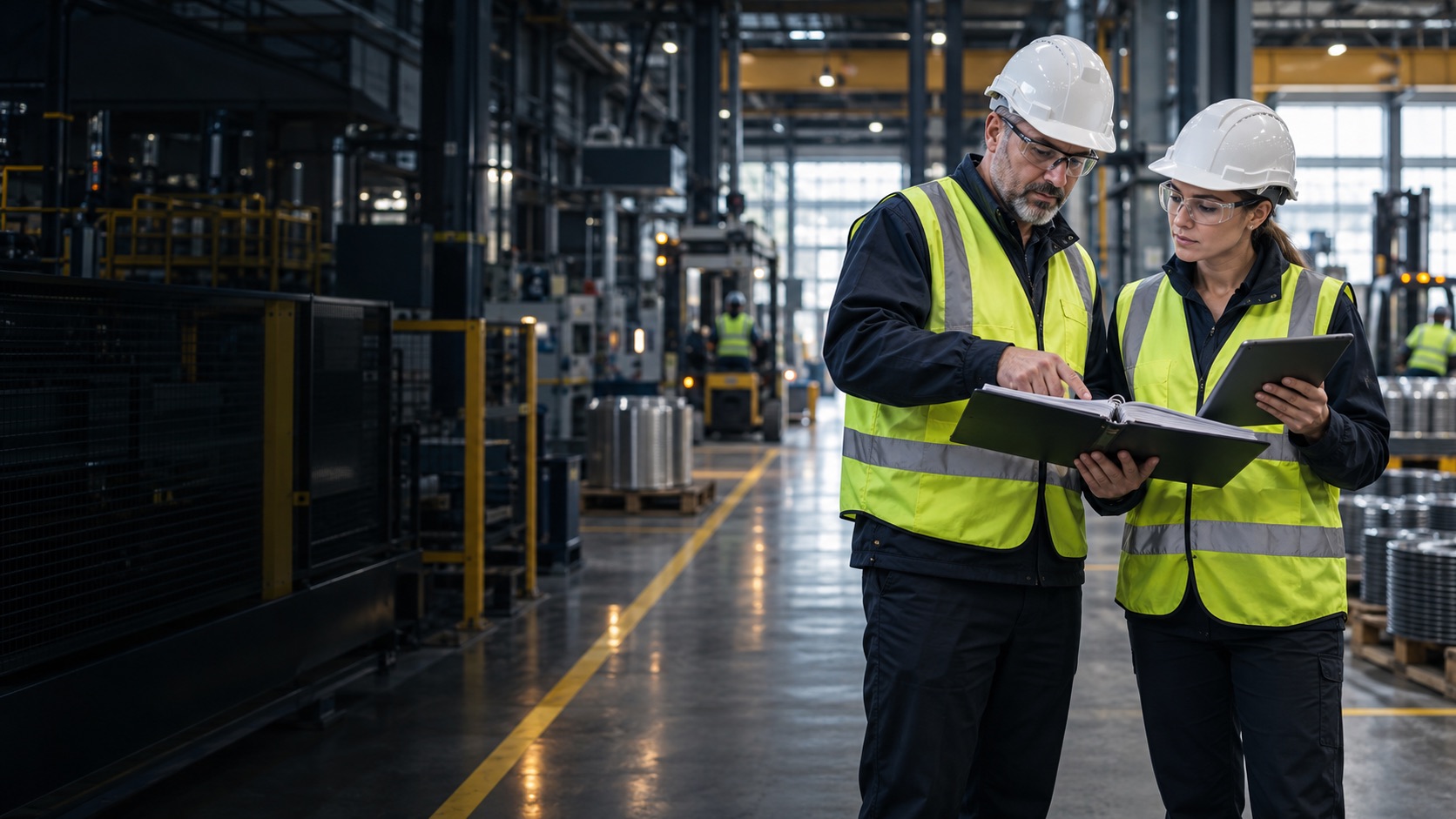 An EHS leader and operations supervisor review a site program on a manufacturing floor.