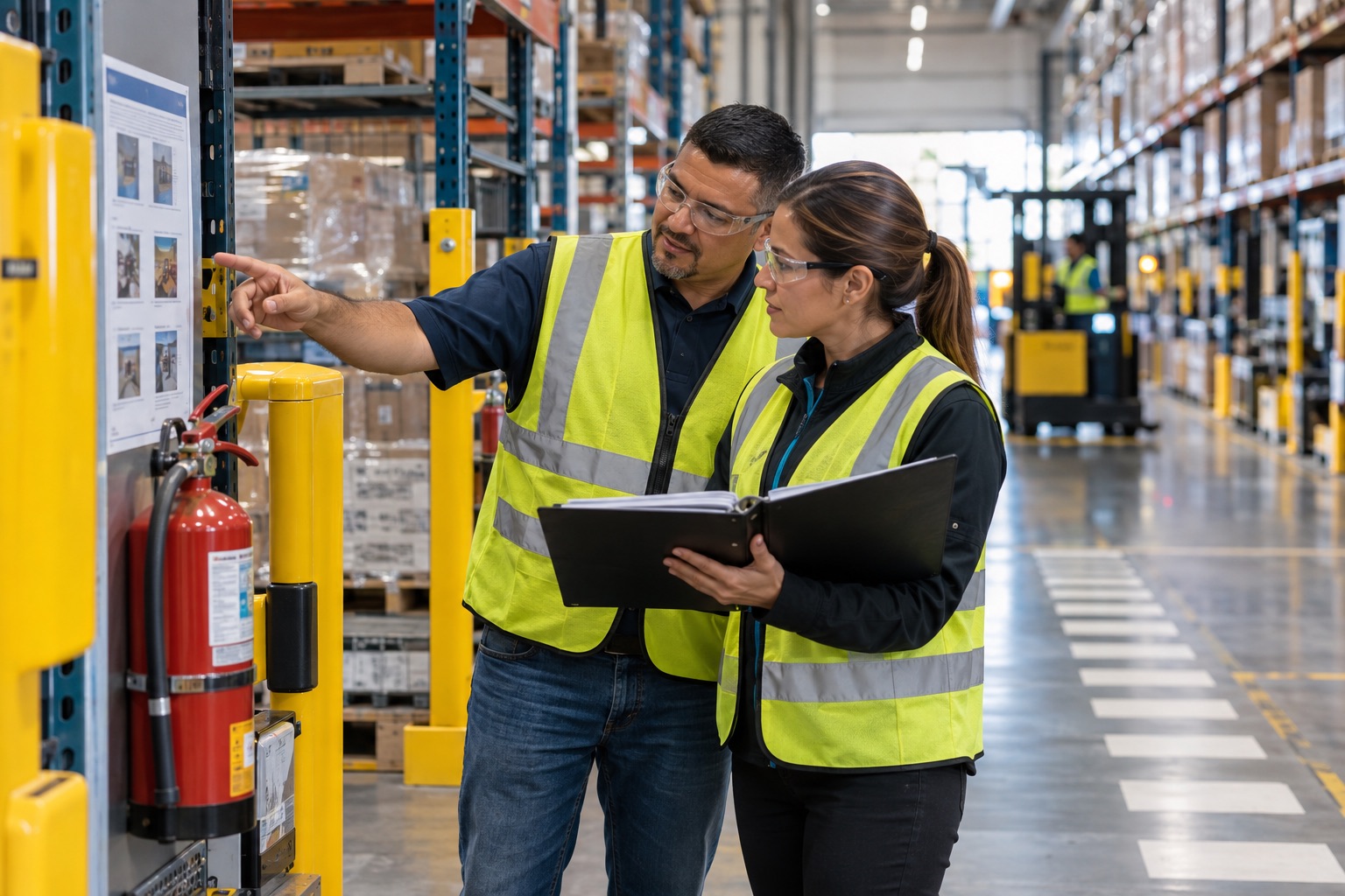 A safety leader and floor supervisor compare a site procedure with warehouse work conditions.