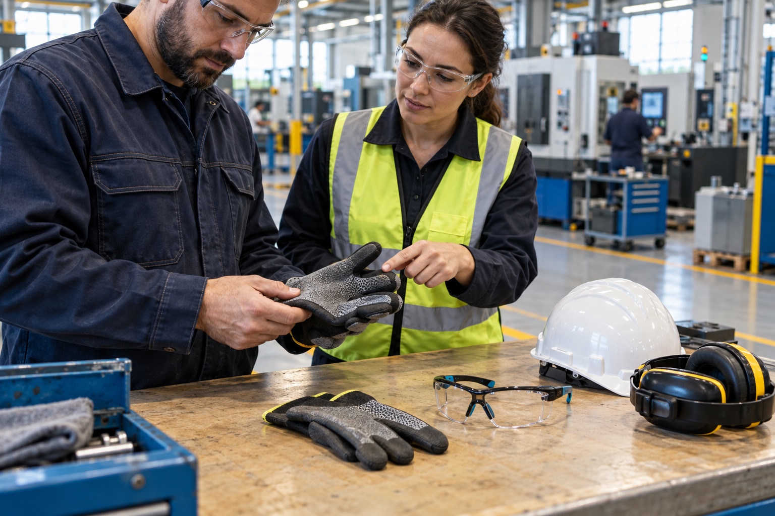 A worker and safety lead visually inspect protective gloves, safety glasses, a hard hat, and hearing protection at a workshop bench.