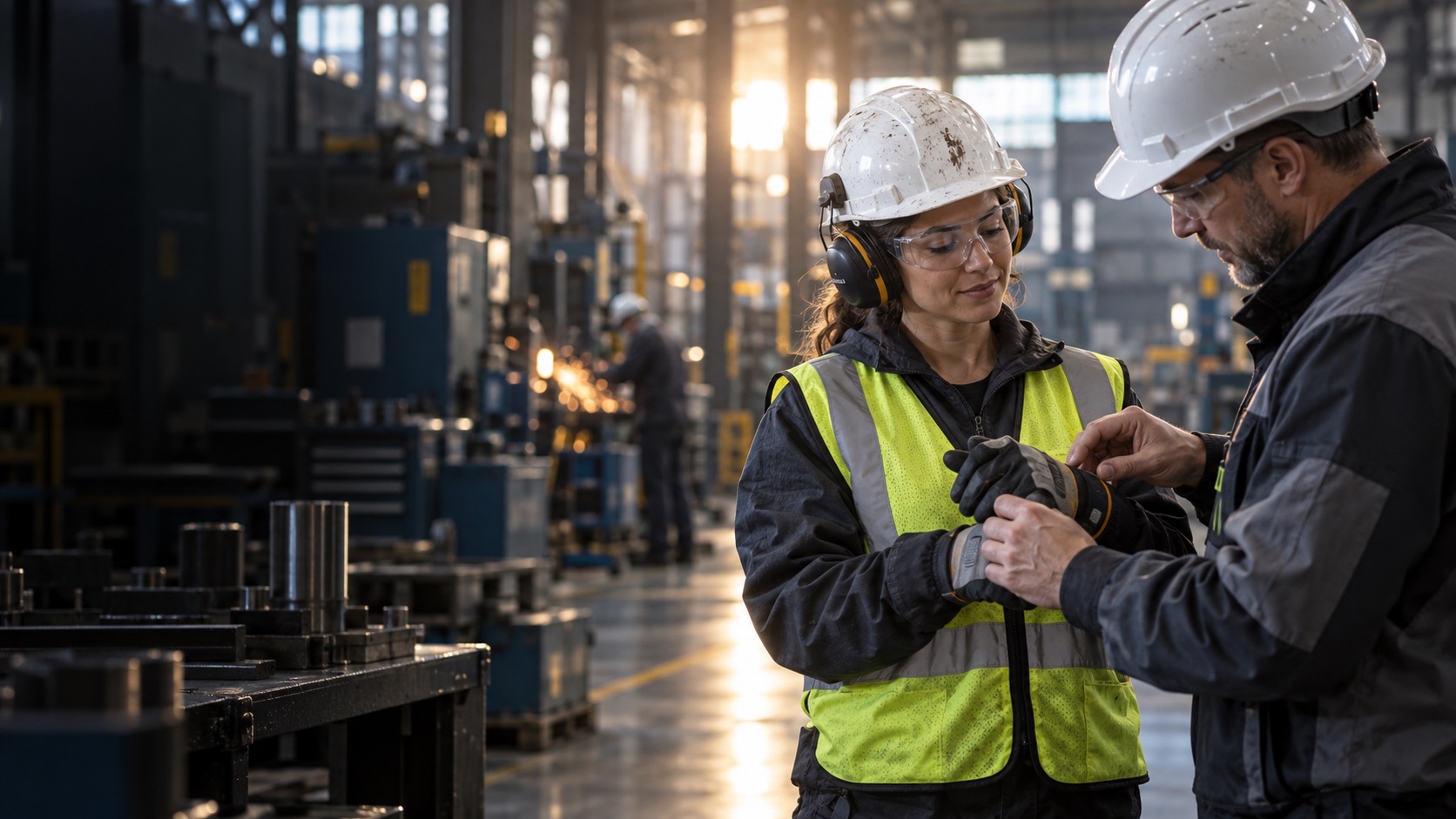 A safety professional helps a maintenance technician check protective gloves on a manufacturing floor.