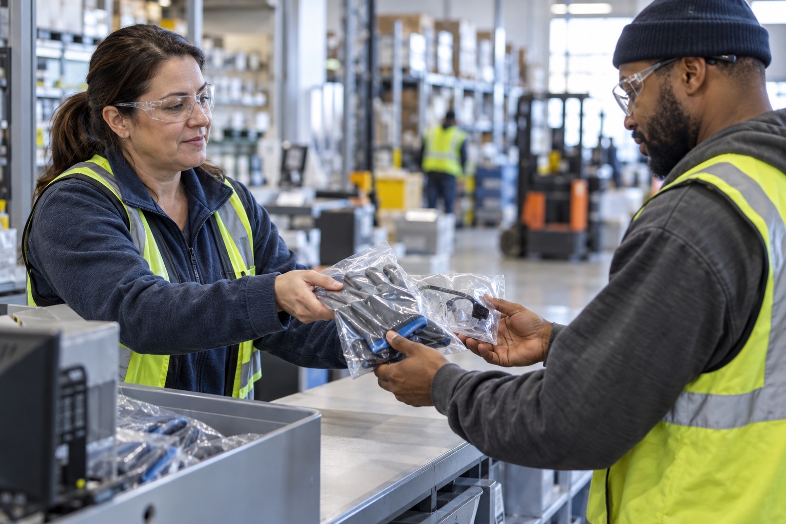 A safety coordinator hands protective gloves and glasses to a worker at a distribution-center PPE counter.