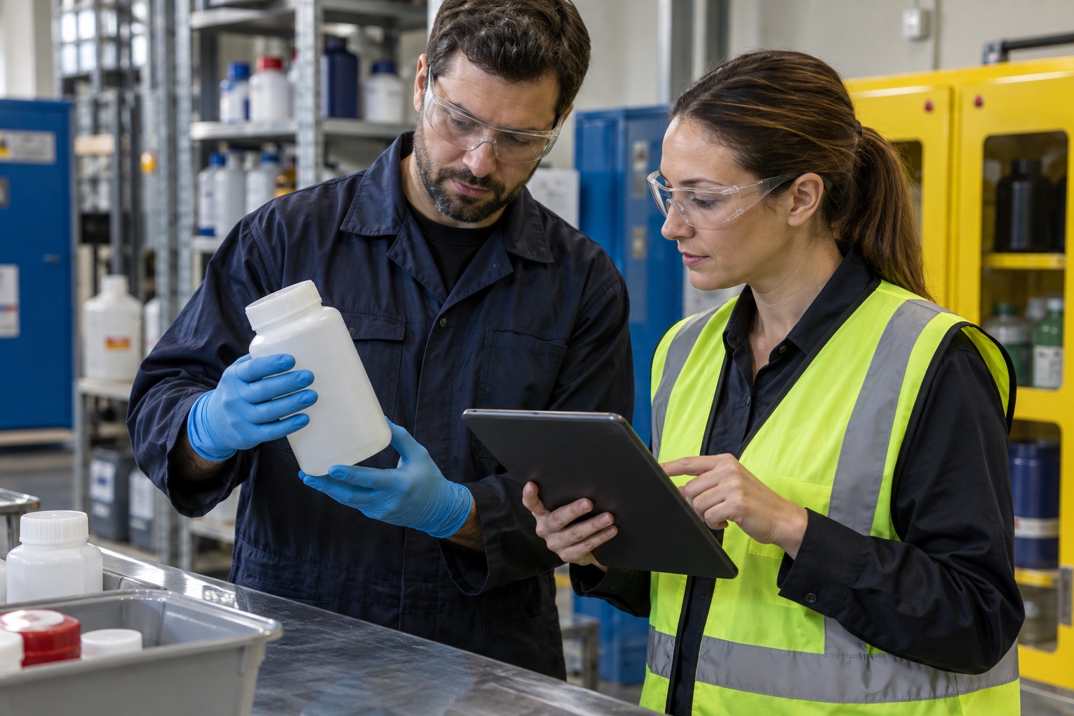 Worker and EHS coordinator compare a container label in a clean chemical handling area.