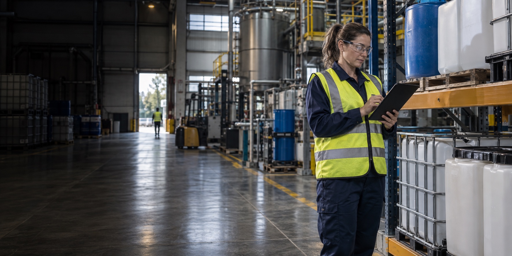 An EHS coordinator reviews a chemical inventory on a tablet in a manufacturing chemical storage area.