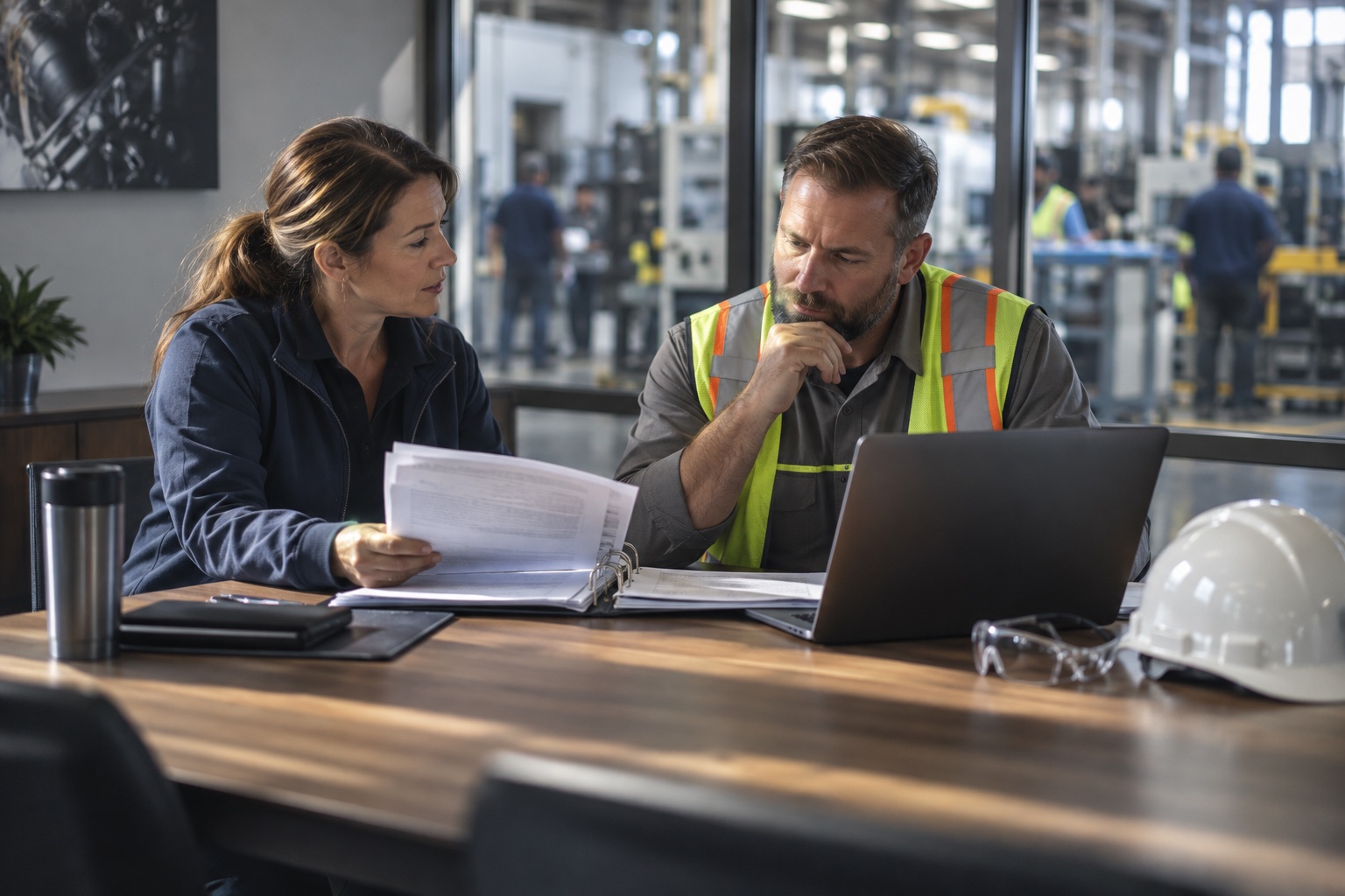 An EHS manager and operations supervisor review a chemical safety document together.