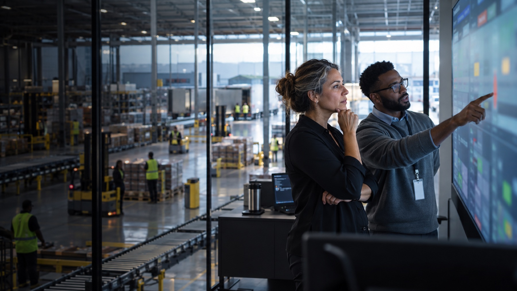 Safety and operations leaders review illustrative site readiness signals from an operations room above a distribution center.